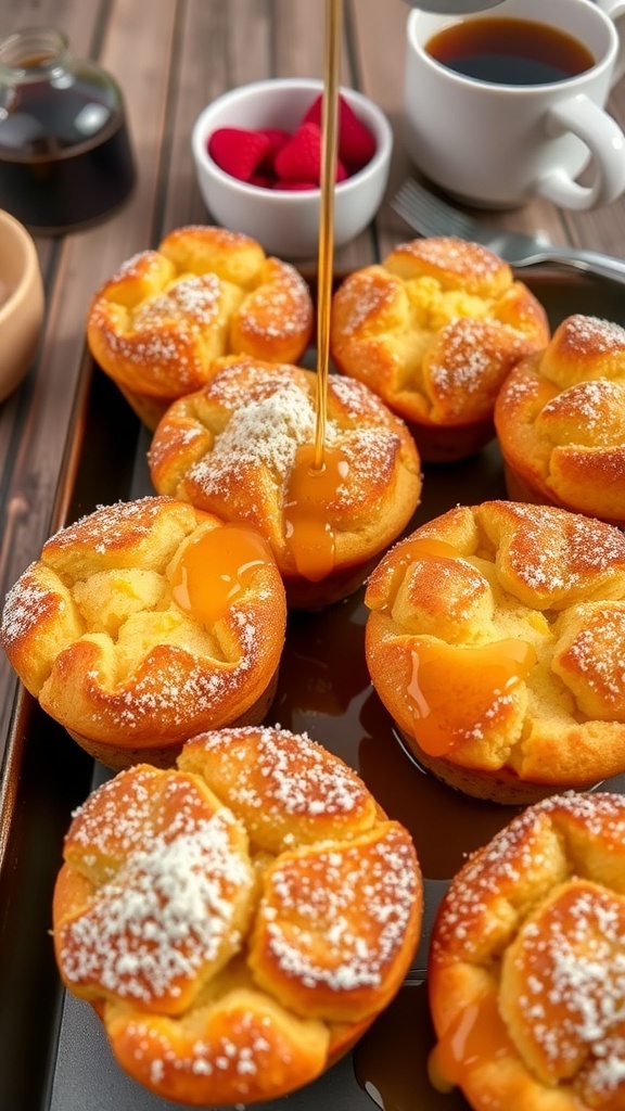 A delicious tray of crispy crust French toast muffins with powdered sugar and maple syrup, surrounded by berries and coffee.